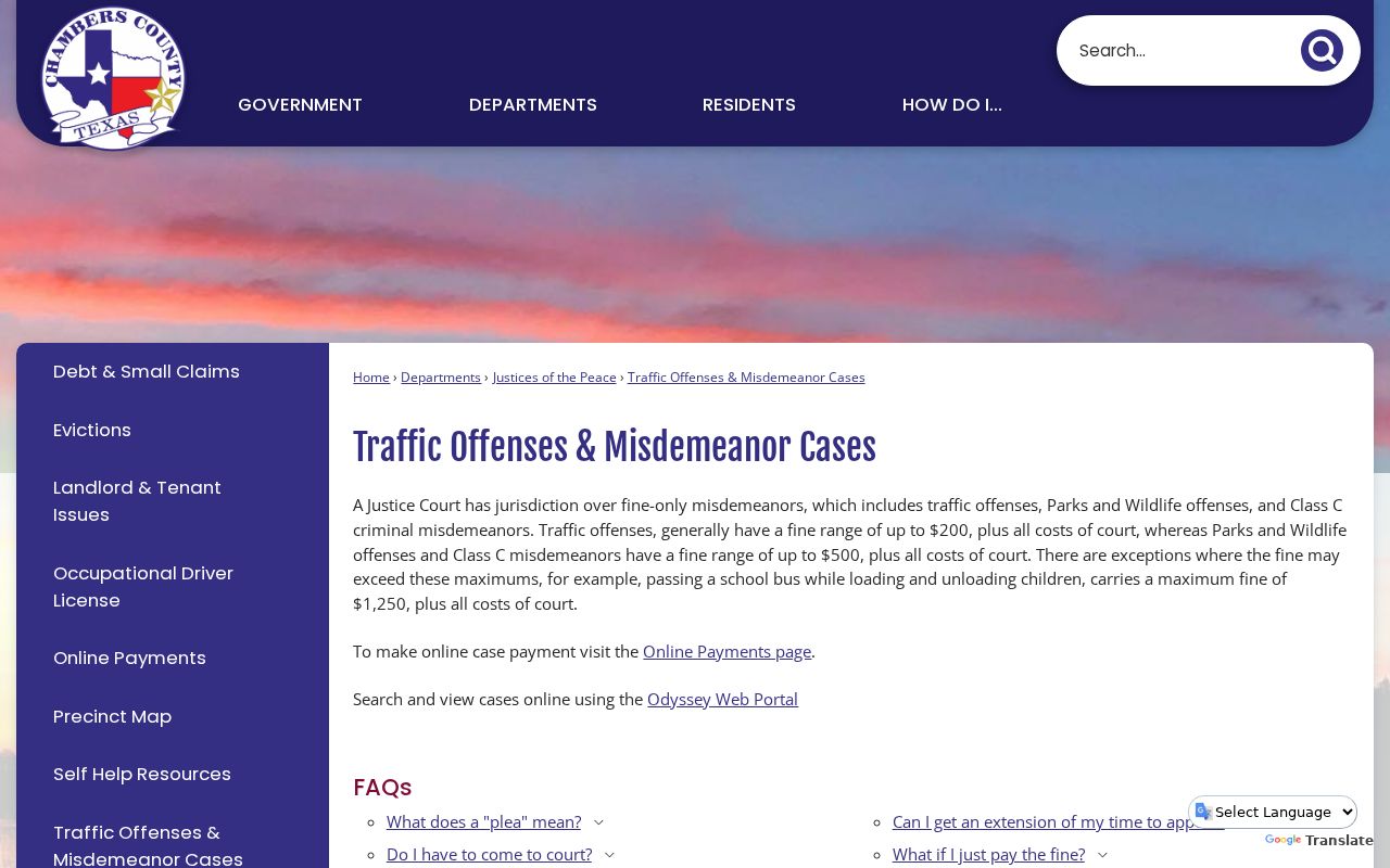 Chambers County Justice Court traffic page with Odyssey link and forms