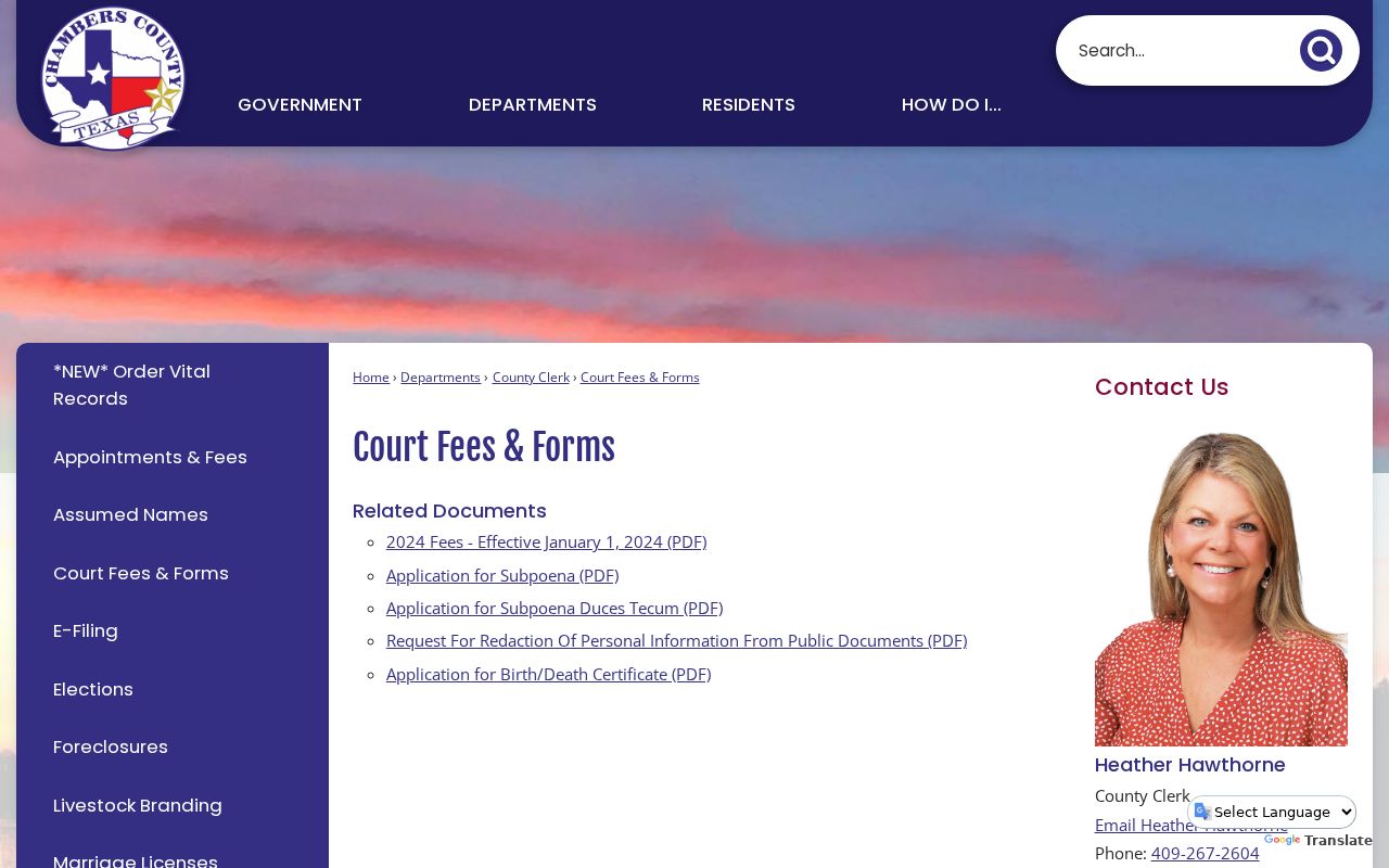 Chambers County Clerk court fees and forms panel
