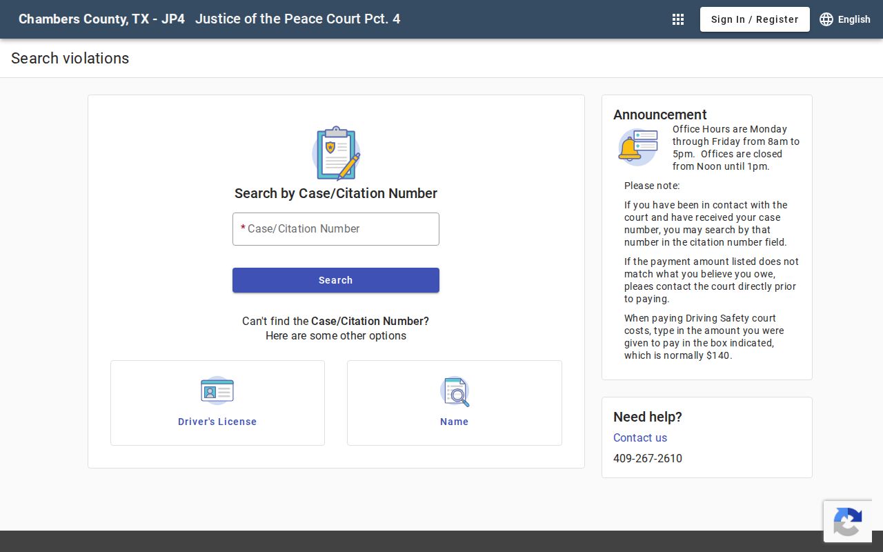 Chambers County JP Precinct 4 official case and citation search options