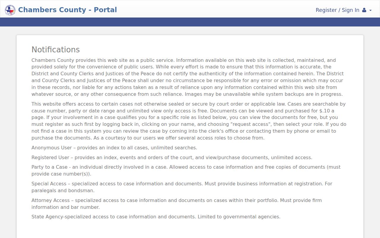 Chambers County Tyler Portal Smart Search landing screen